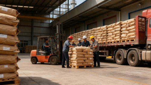 养殖场废水处理专用聚丙烯酰胺产品在厂区装车现场