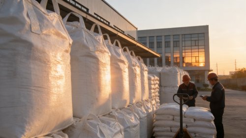 整齐堆放的聚丙烯酰胺成品等待发货