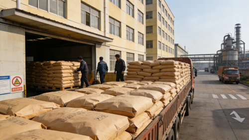 工厂厂区阳离子聚丙烯酰胺PAM产品整齐装车准备发货