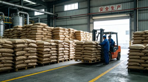 非离子PAM源头工厂仓库，叉车向货车装载非离子聚丙烯酰胺，分子链不带电荷靠氢键与物理缠绕发挥絮凝作用，在强酸高盐环境中依然稳定