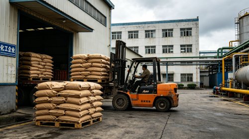PAM速溶型源头工厂仓库，叉车向货车装载速溶型聚丙烯酰胺，表面交联处理实现先分散后溶解不抱团